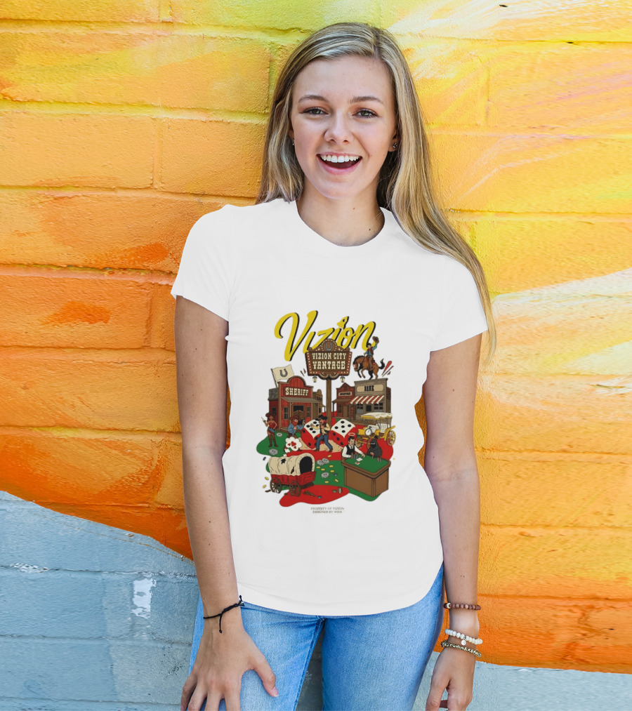 Vizion City Vantage Wild West Cowboy Town Dice Saloon Sheriff Wagon Horse T-Shirt