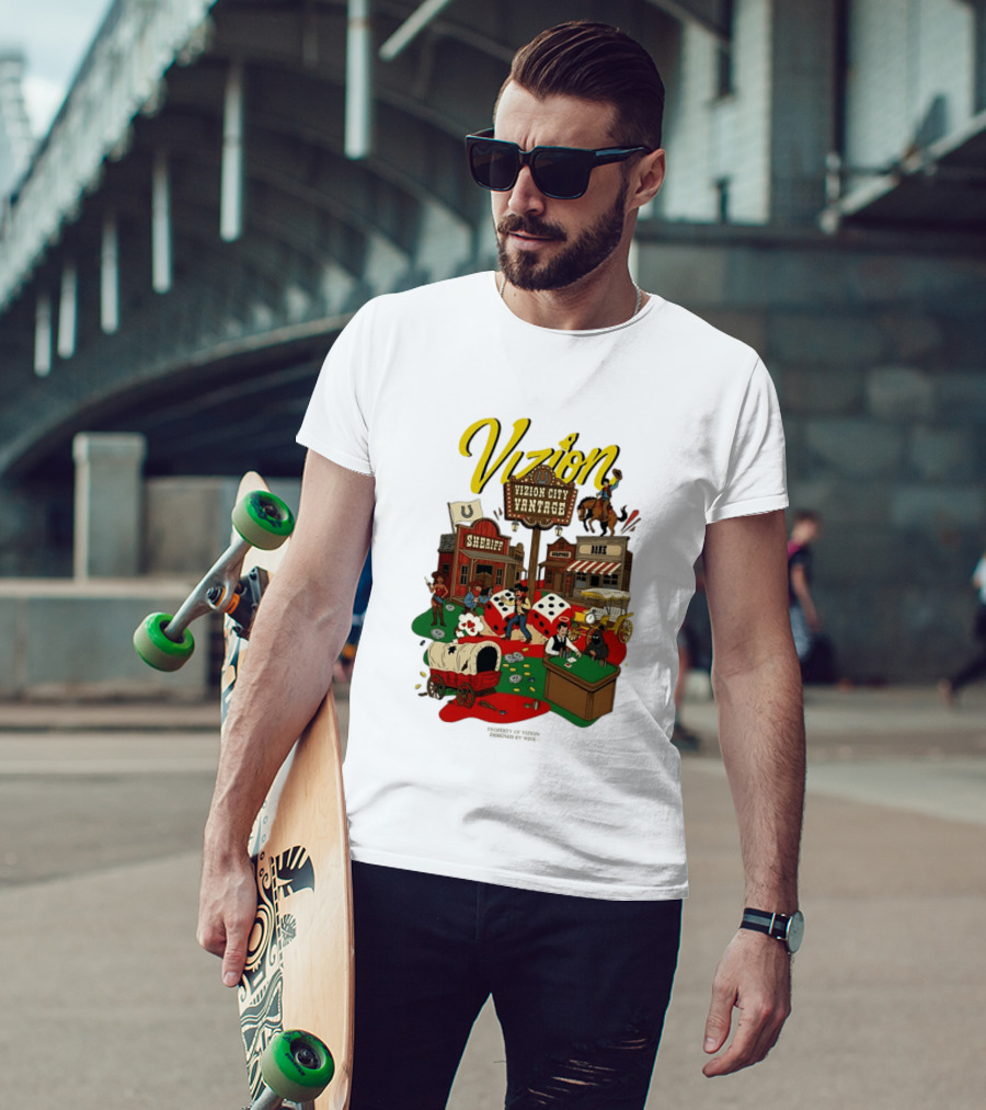Vizion City Vantage Wild West Cowboy Town Dice Saloon Sheriff Wagon Horse T-Shirt