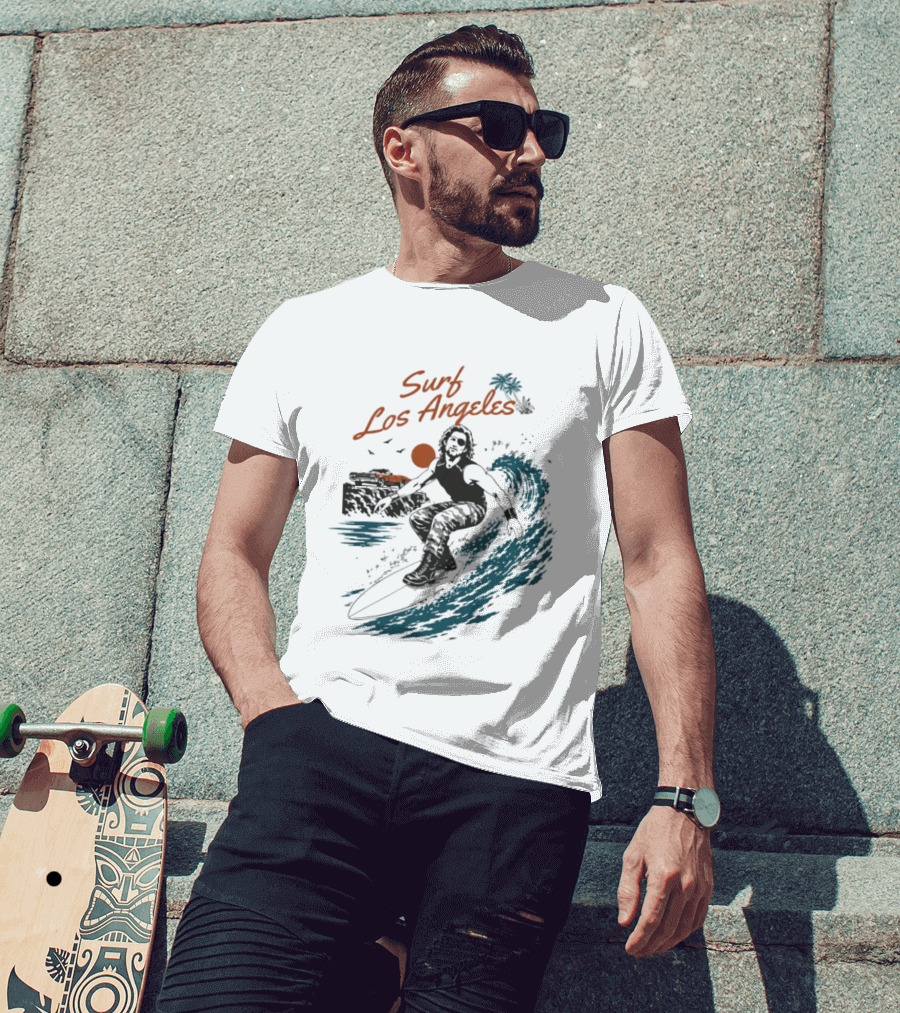 Surf Los Angeles 2026 Vintage Surfer With Sunset And Palm Tree Ocean Wave T-Shirt