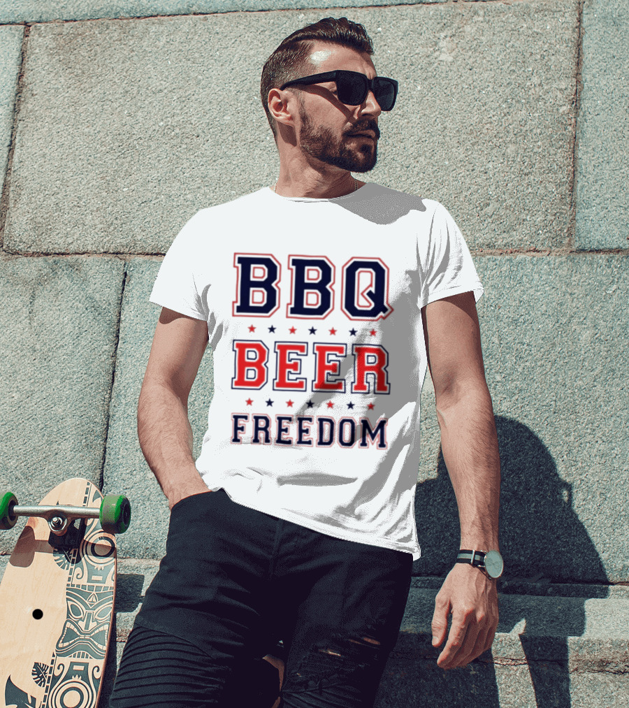 BBQ Beer Freedom Stars Bold Text Patriotic T-Shirt