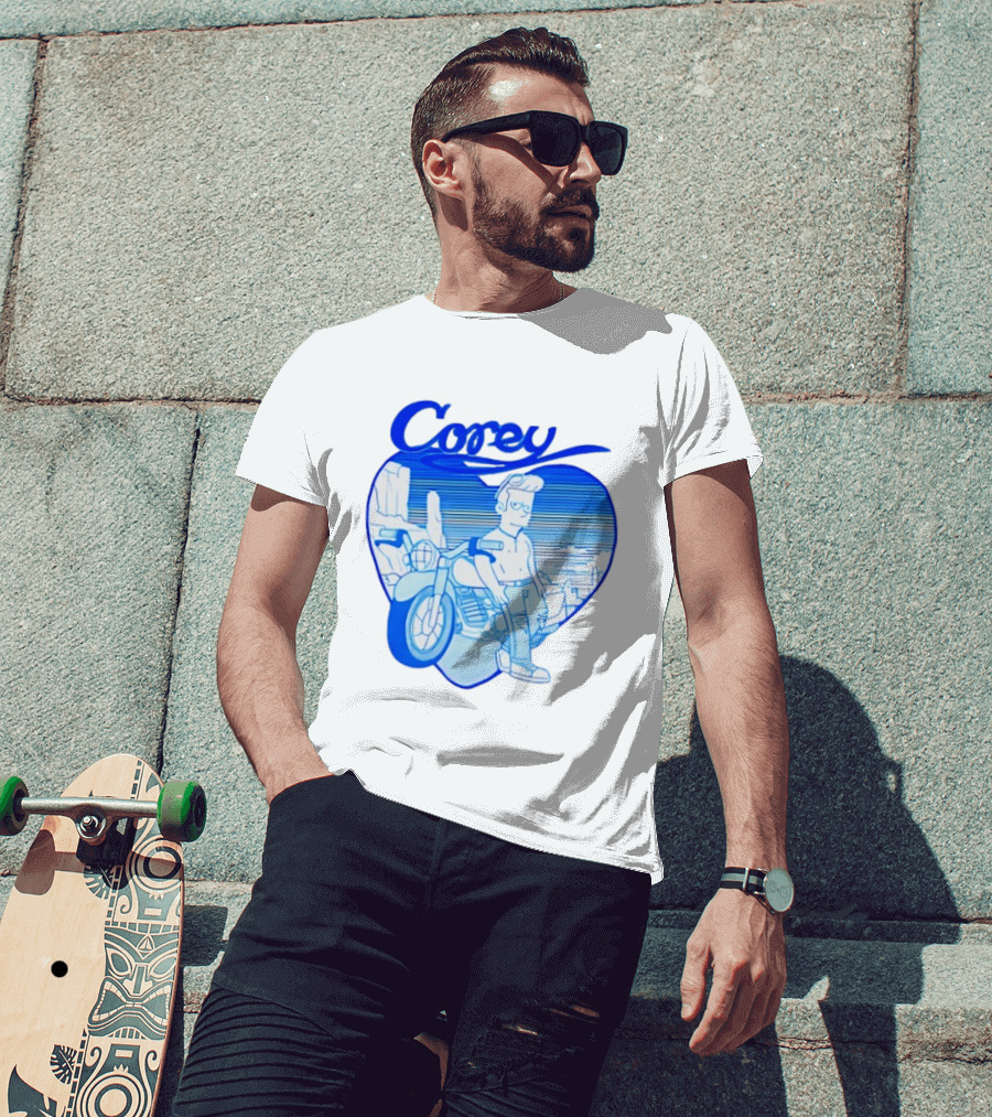 Corey Simpson Motorcycle In Heart Retro Cartoon Style With Blue Desert T-Shirt