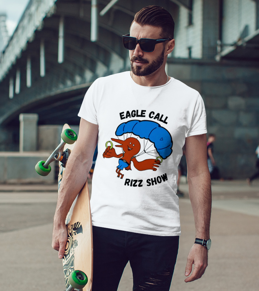 Eagle Call Rizz Show Parachuting Bird Character With Blue Canopy T-Shirt