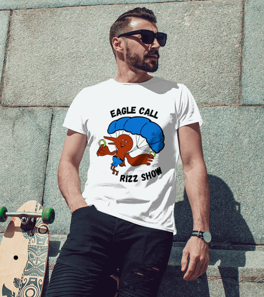 Eagle Call Rizz Show Parachuting Bird Character With Blue Canopy T-Shirt