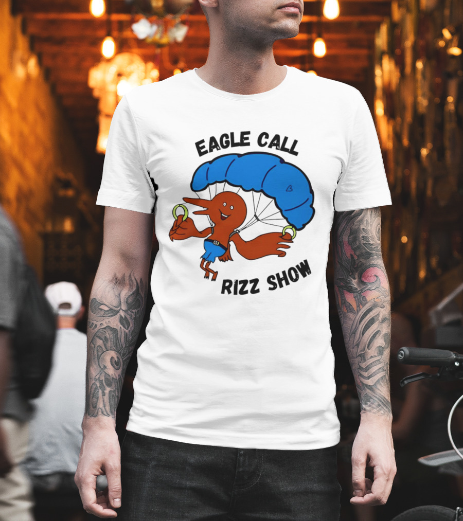 Eagle Call Rizz Show Parachuting Bird Character With Blue Canopy T-Shirt