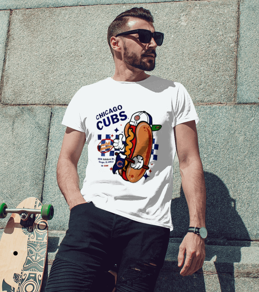 Chicago Cubs World Famous 1060 Addison St Hot Dog Wrigley Field Baseball Fan T-Shirt