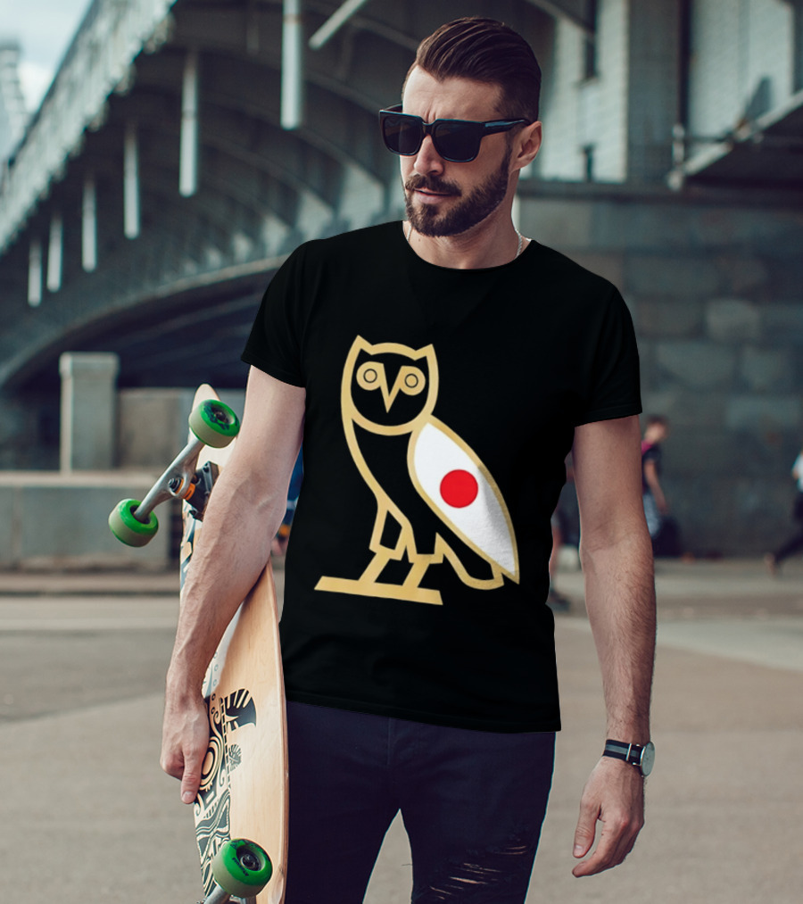 OVO Owl Japan Flag Icon Gold Outline And Red Circle Motif T-Shirt