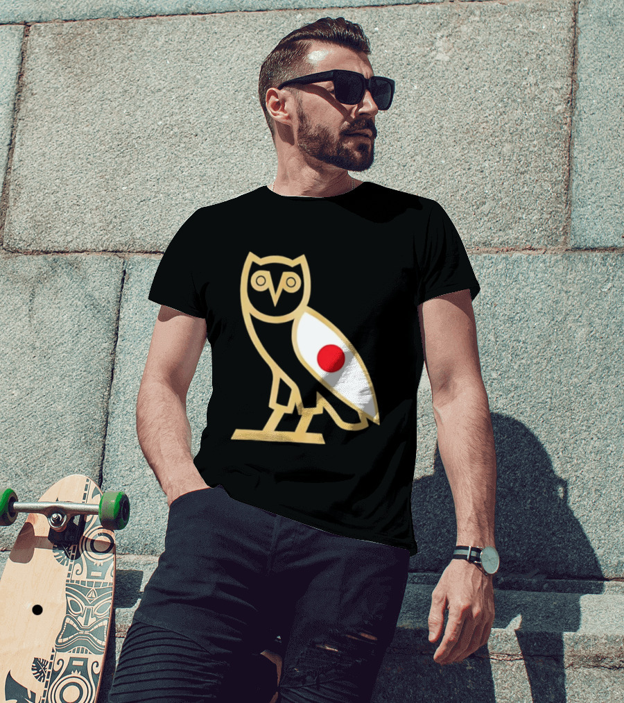 OVO Owl Japan Flag Icon Gold Outline And Red Circle Motif T-Shirt