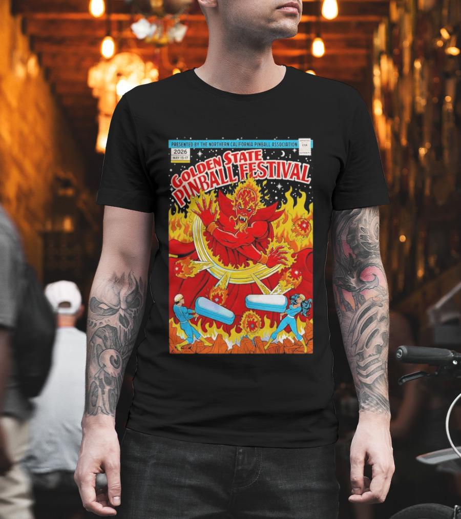 Golden State Pinball Festival Northern California May 2026 Fire Demon Battle T-Shirt