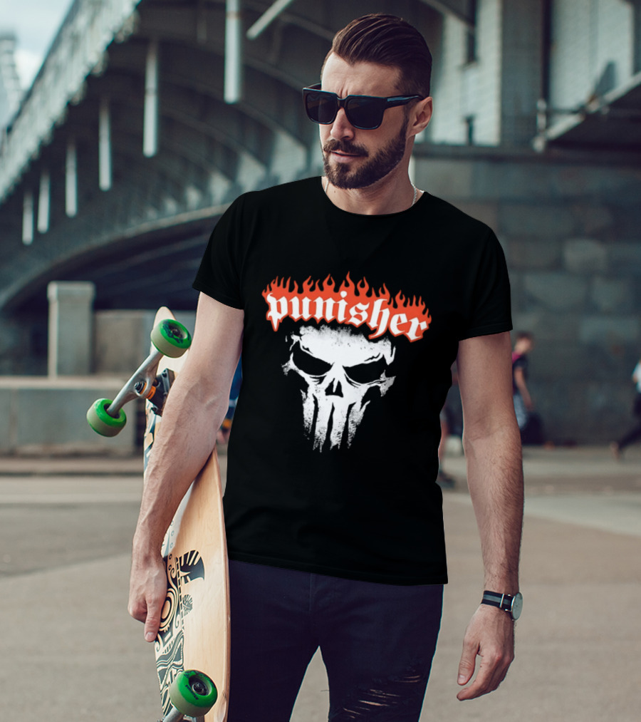 Punisher Skull Flame Graphic With Fiery T-Shirt