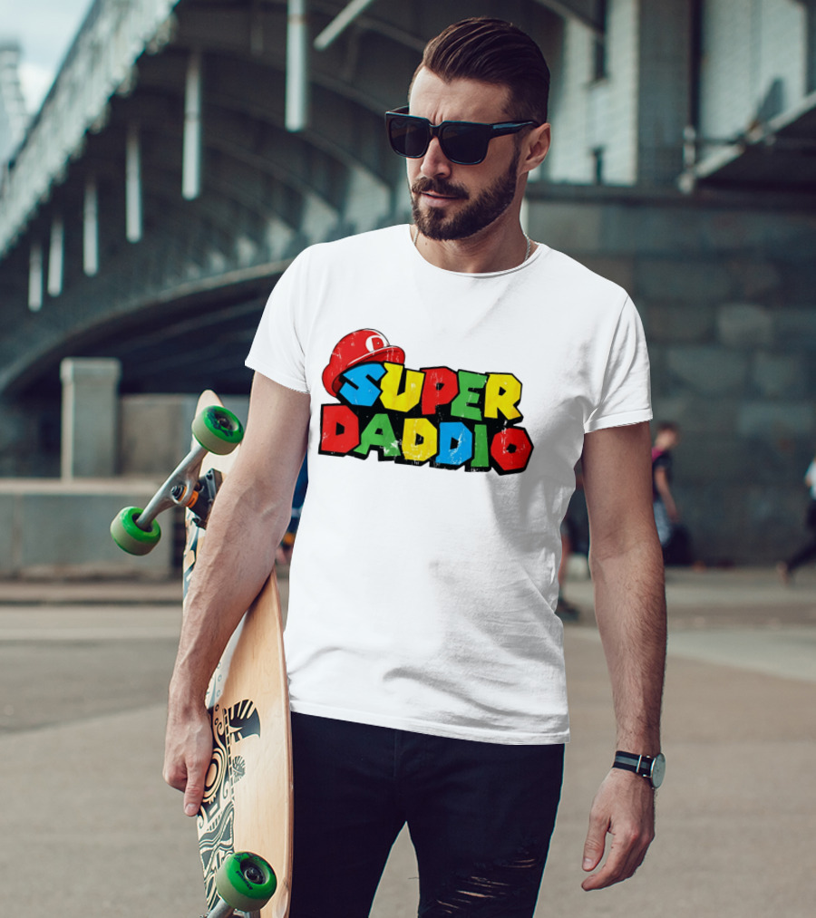 Super Daddio Mario Cartoon Colorful Text With Red Hat T-Shirt