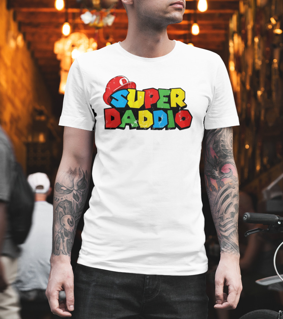 Super Daddio Mario Cartoon Colorful Text With Red Hat T-Shirt