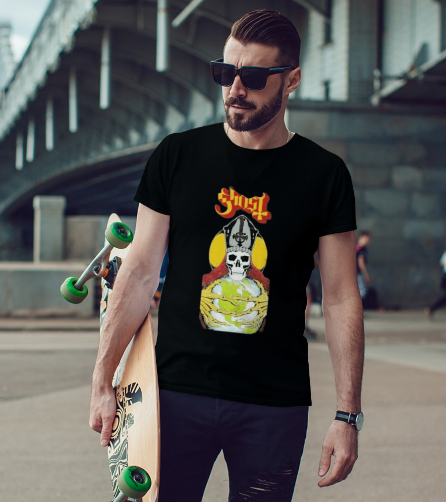 Ghost Skeleton Bishop Holding Earth Iconic Twisted Thread Ceremony T-Shirt