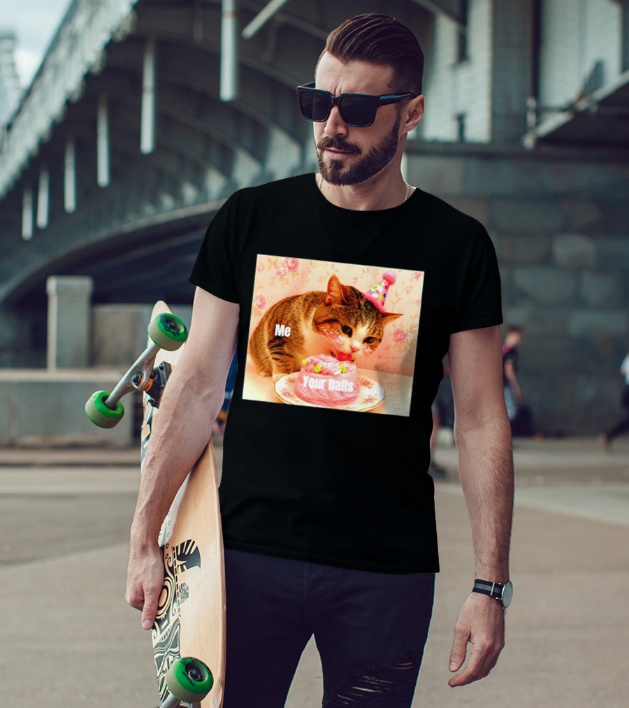 Me Your Balls Cat Eating Cake Party Hat T-Shirt