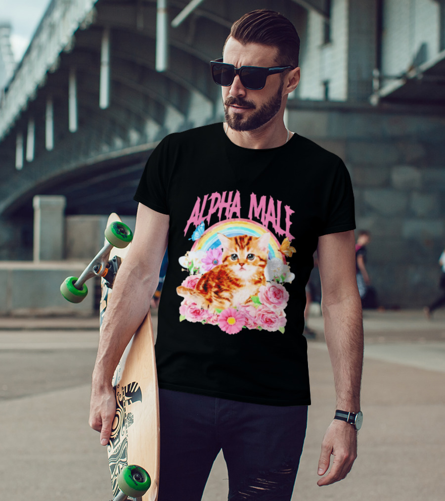 Alpha Male Kitten Rainbow Butterfly Floral Roses T-Shirt