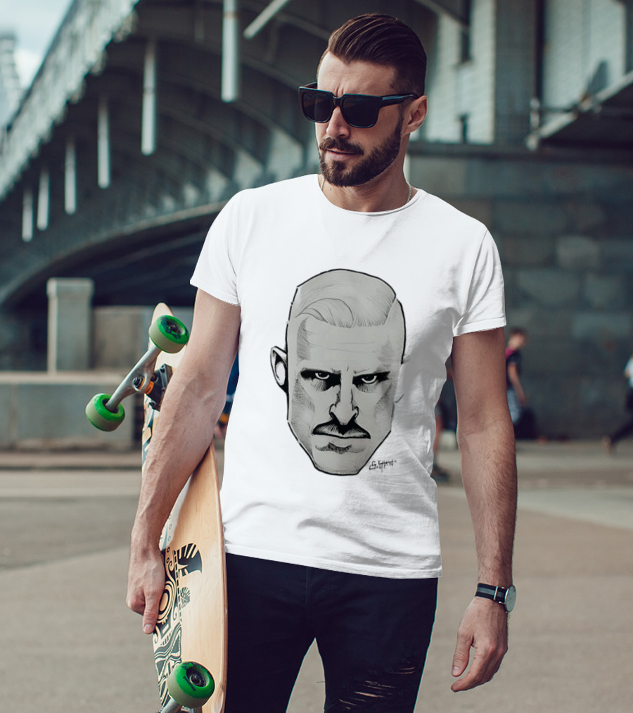 Mustache Man Intense Gaze Slick Back Hair T-Shirt