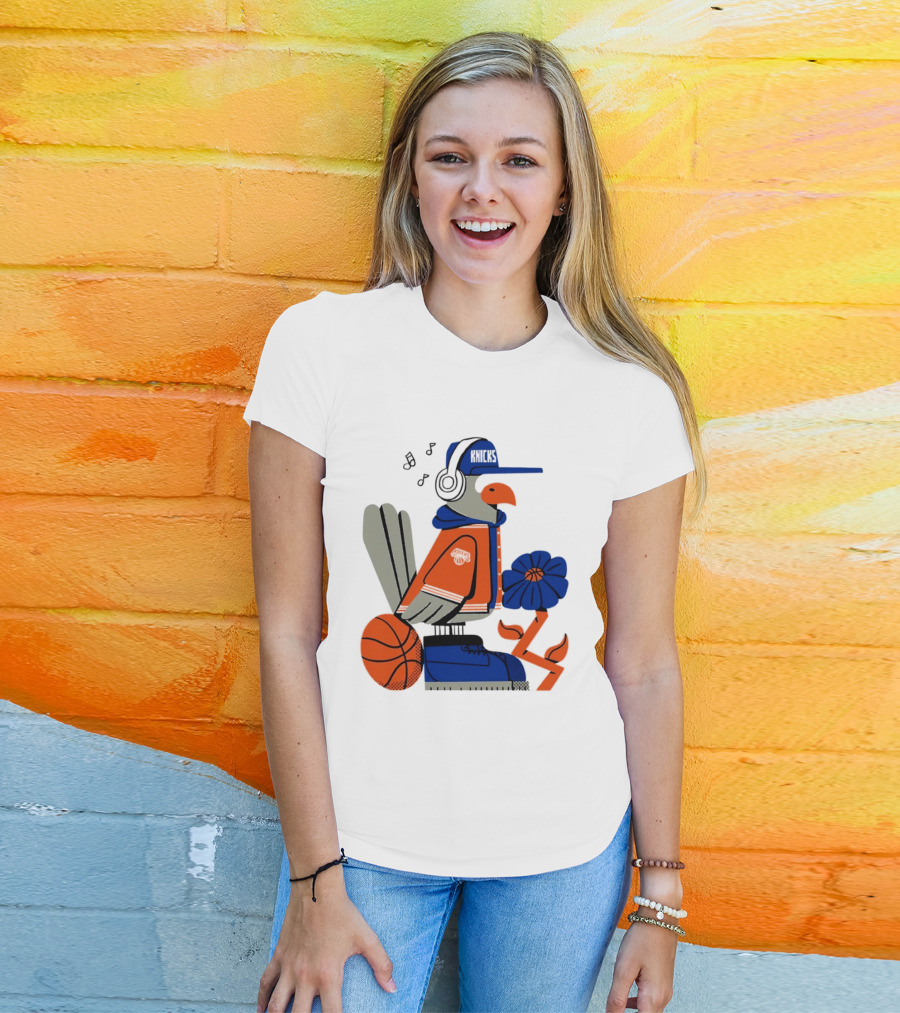 New York Knicks Bird Cap Headphones Basketball Flower T-Shirt