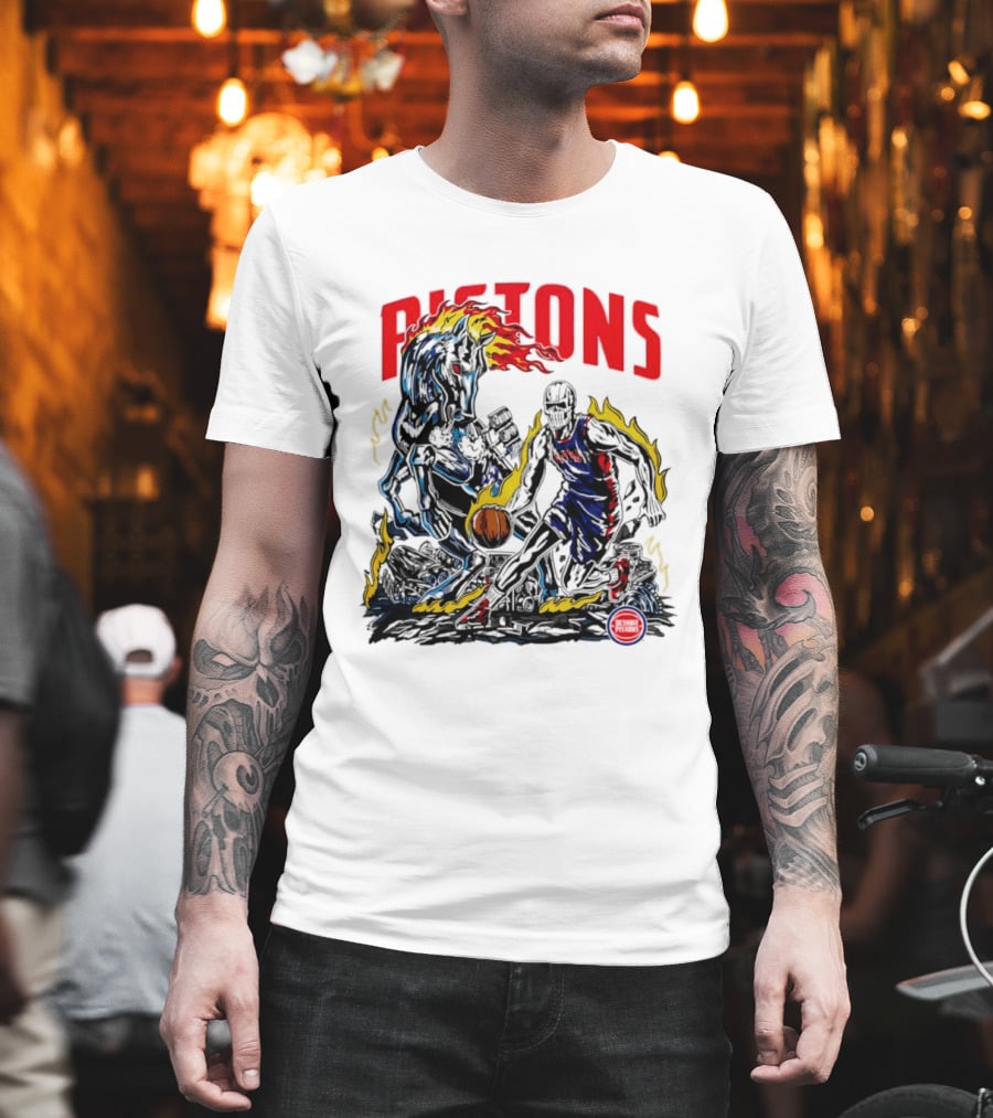 Detroit Pistons Skull Basketball Horse Flames Robot T-Shirt