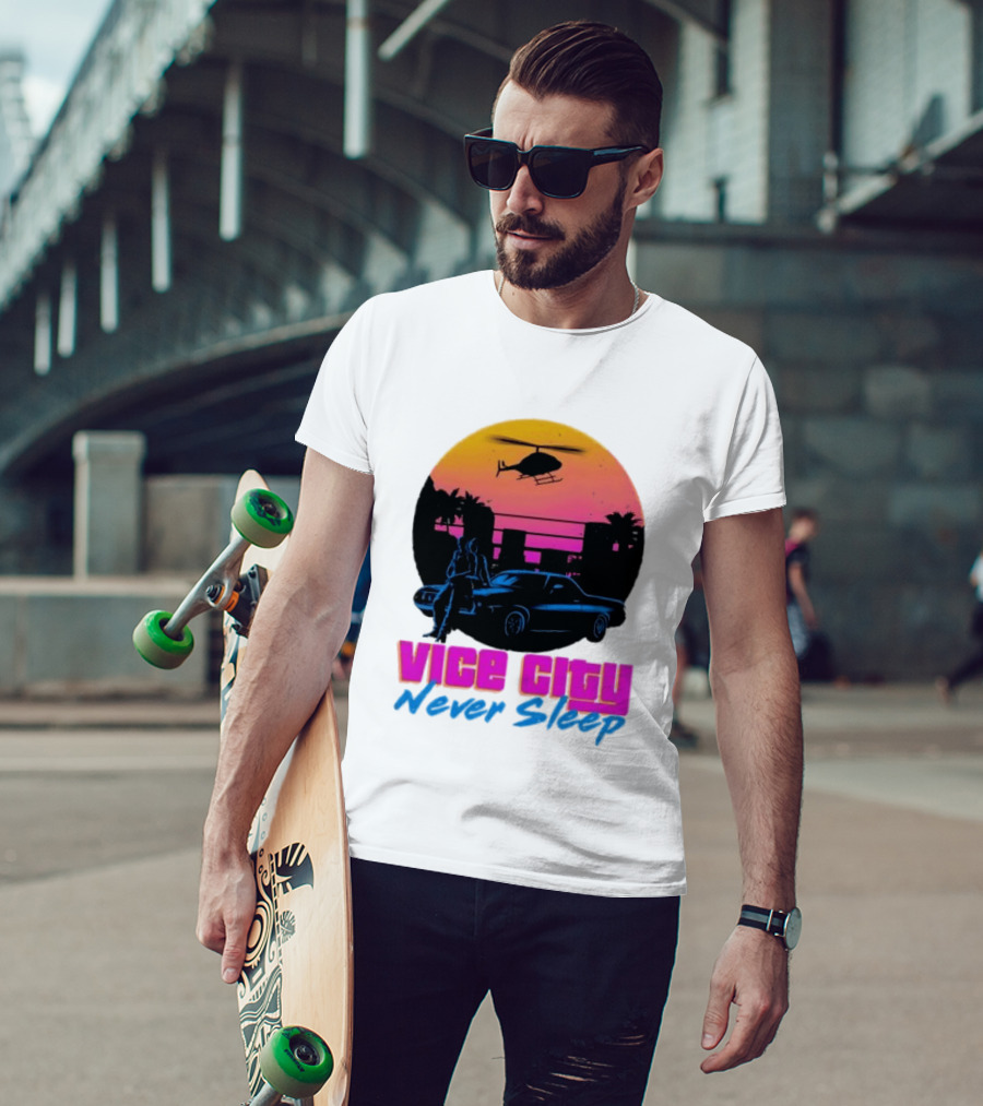 Vice City Never Sleep 80s Sunset Car Helicopter T-Shirt