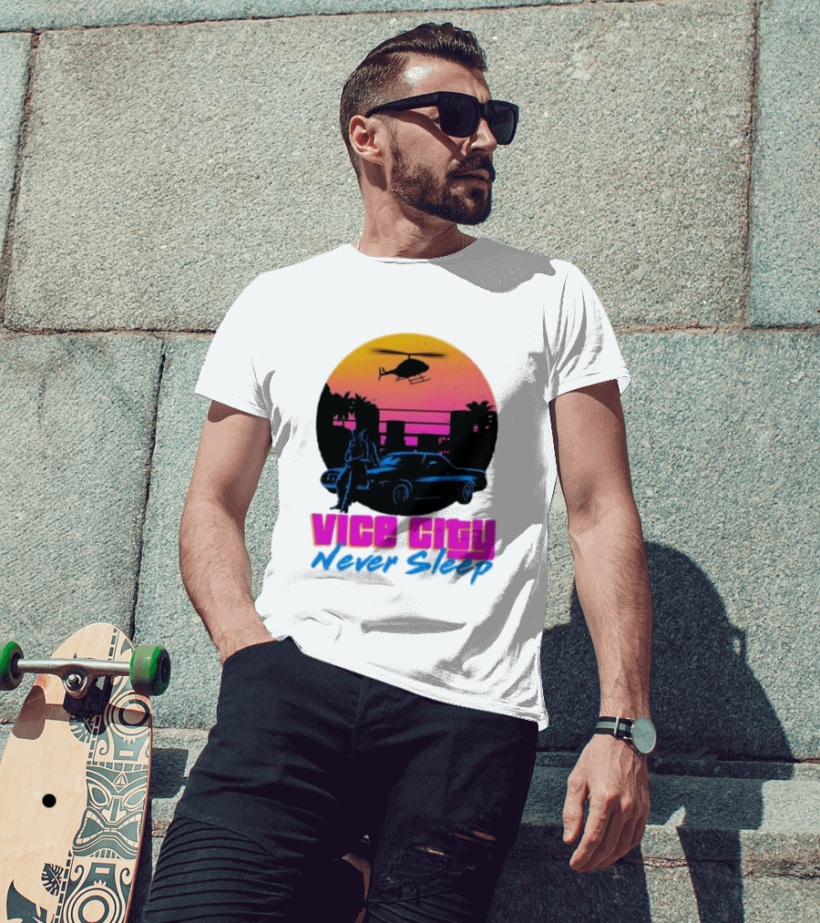 Vice City Never Sleep 80s Sunset Car Helicopter T-Shirt