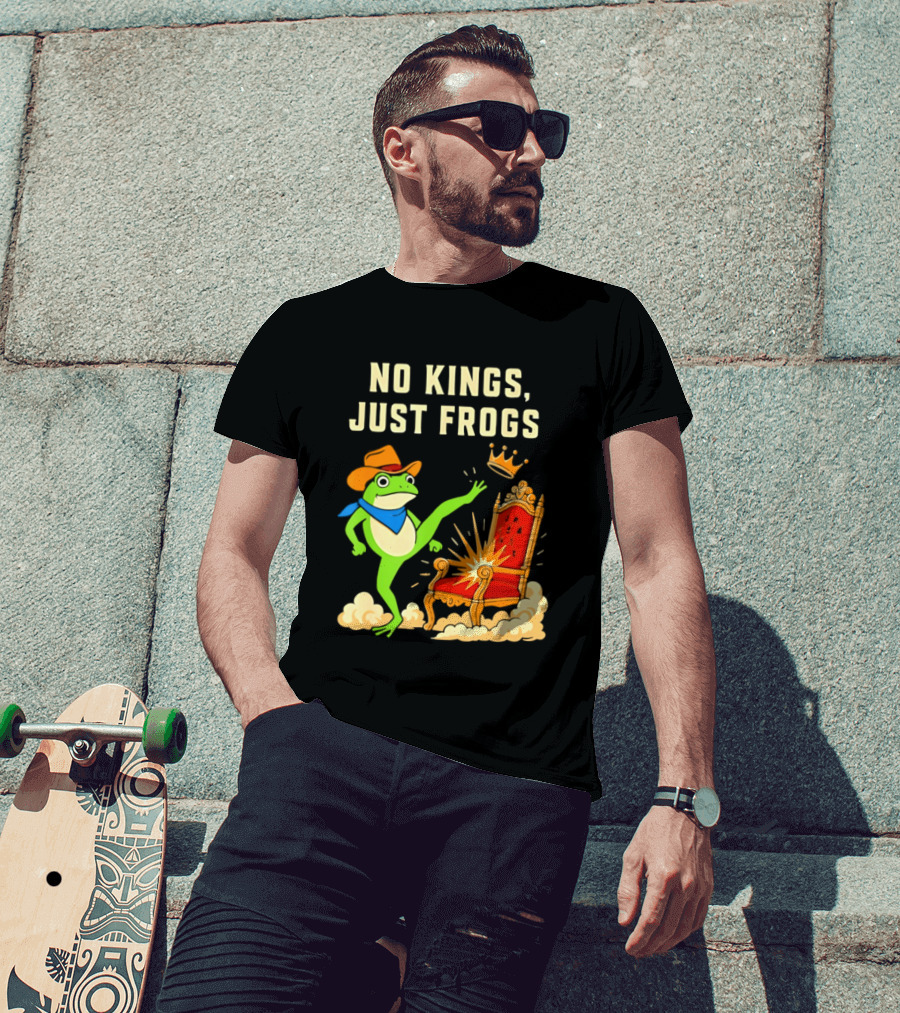 No Kings Just Frogs Portland Cowboy Frog Kicking Crown From Throne T-Shirt