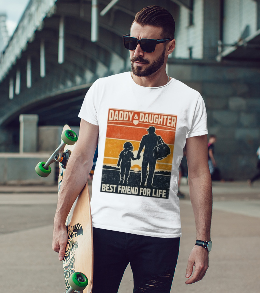 Daddy & Daughter Best Friend For Life Baseball Softball Silhouette Retro Sunset T-Shirt