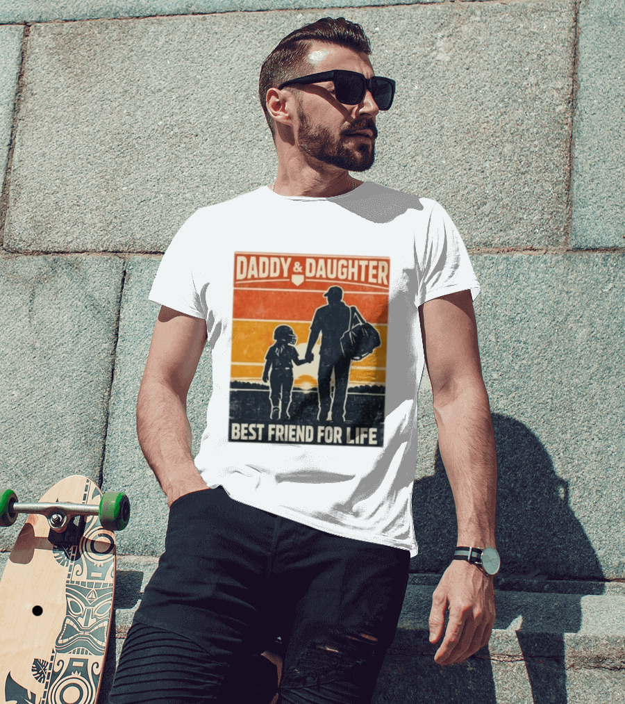 Daddy & Daughter Best Friend For Life Baseball Softball Silhouette Retro Sunset T-Shirt