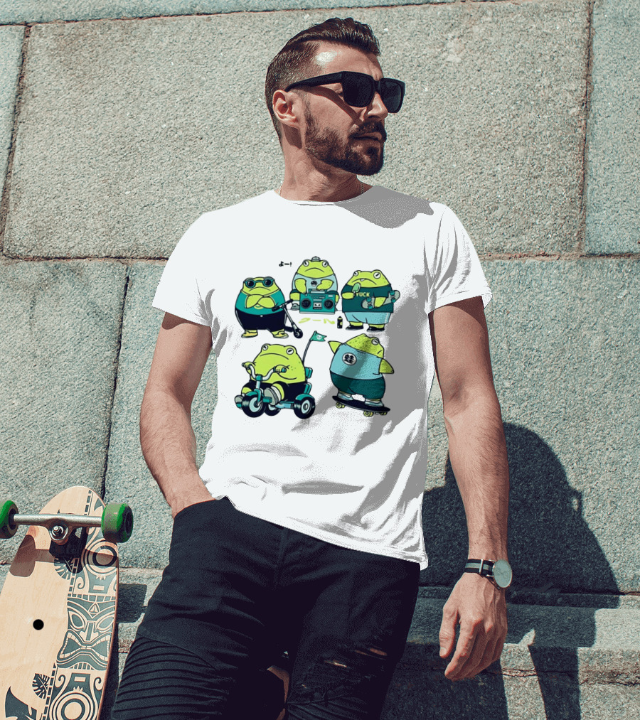 Frog Riding Scooter Tricycle Skateboard Boombox Summer Fun T-Shirt