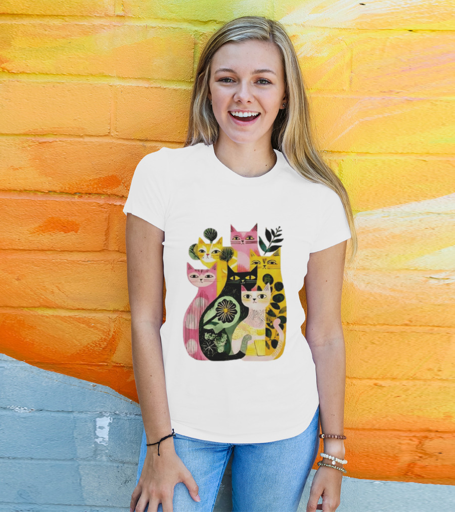 Vibrant Stylized Cats Botanical Foliage Whimsical T-Shirt
