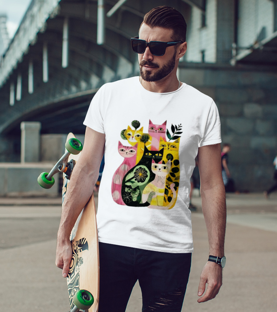Vibrant Stylized Cats Botanical Foliage Whimsical T-Shirt