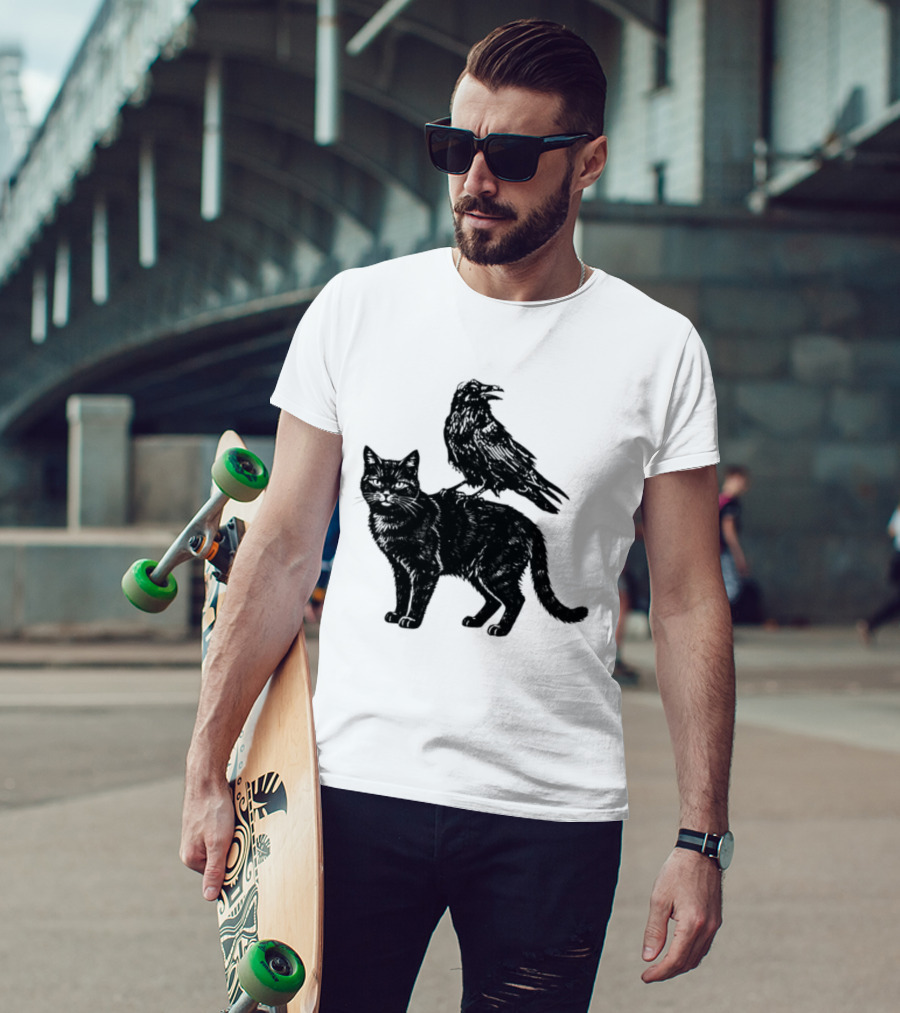 Black Cat And Raven Silhouette Duo T-Shirt