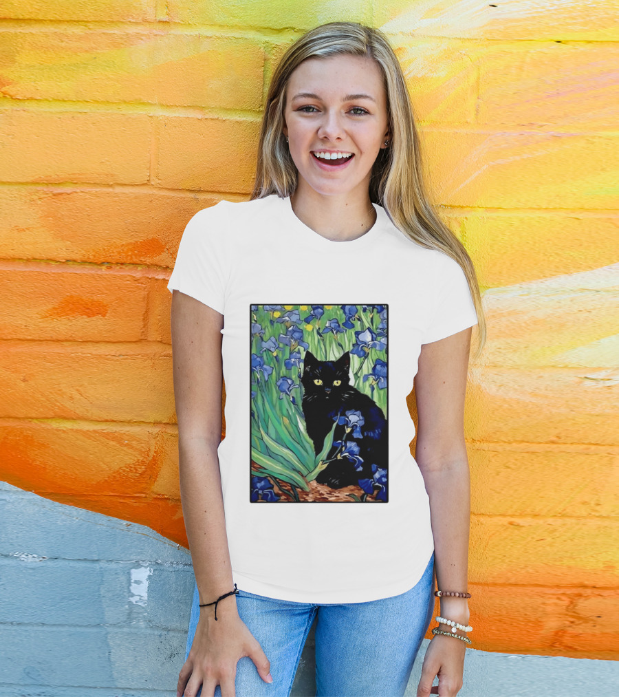 Black Cat With Van Gogh Irises Painting T-Shirt