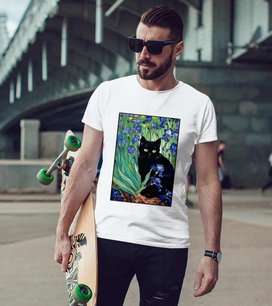 Black Cat With Van Gogh Irises Painting T-Shirt