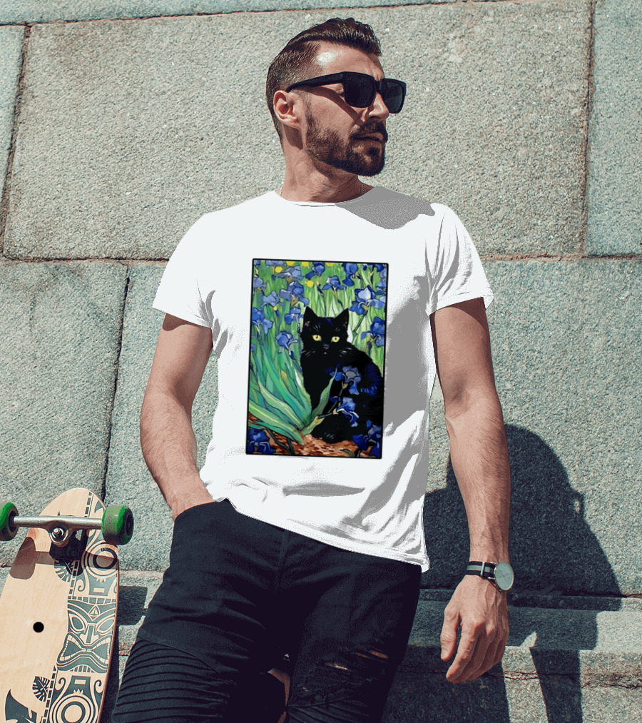 Black Cat With Van Gogh Irises Painting T-Shirt