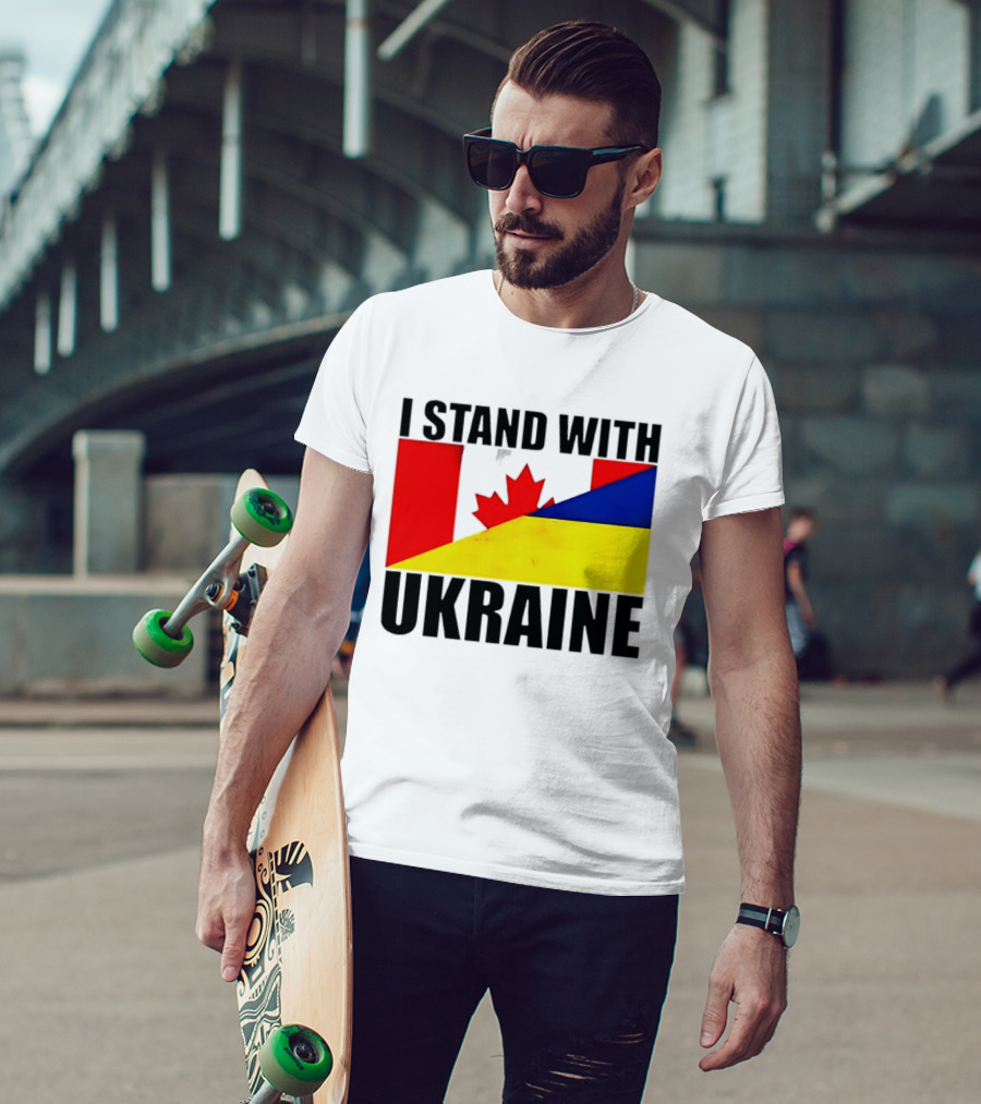 I Stand With Ukraine Canada Flag Maple Leaf Yellow Blue T-Shirt