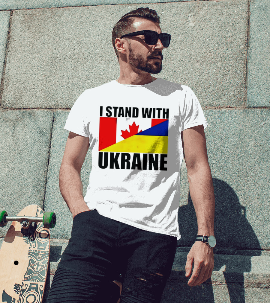 I Stand With Ukraine Canada Flag Maple Leaf Yellow Blue T-Shirt