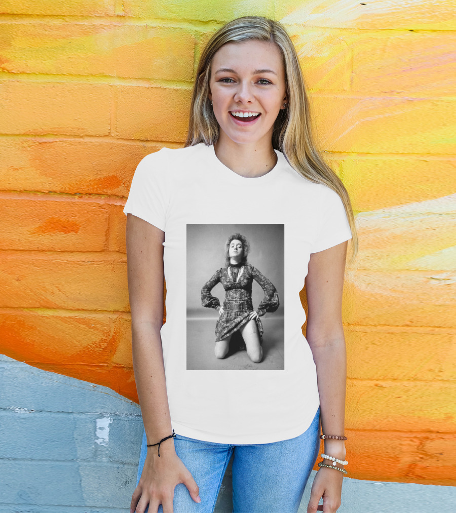 Valie Export Iconic Performance Tribute Kneeling Image With Patterned Dress And Belt T-Shirt
