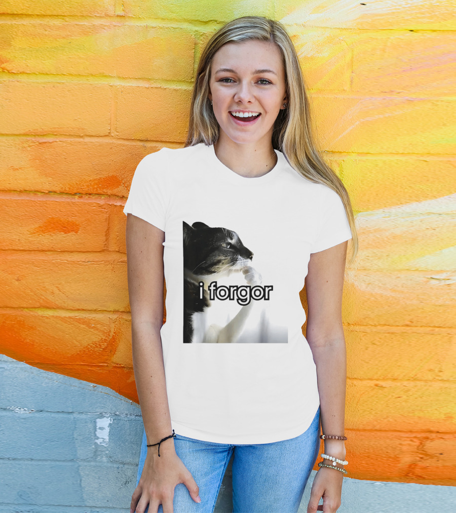 Cat I Forgor Meme Digital Image Paw Licking Pensive Moment T-Shirt