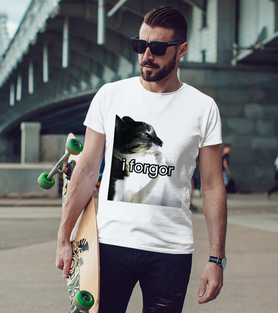 Cat I Forgor Meme Digital Image Paw Licking Pensive Moment T-Shirt