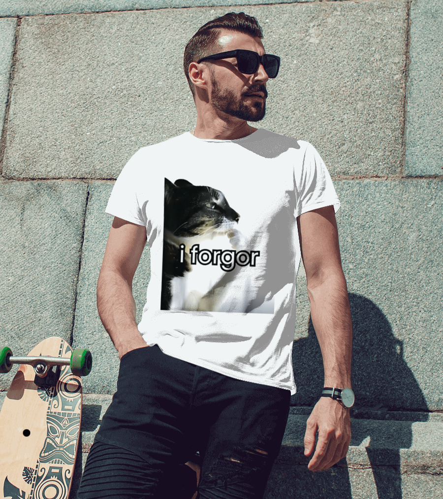 Cat I Forgor Meme Digital Image Paw Licking Pensive Moment T-Shirt