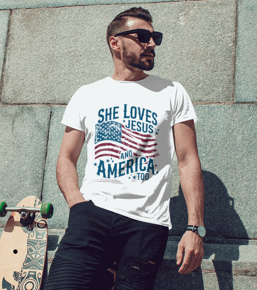 She Loves Jesus And America Too Patriotic Flag Stars T-Shirt