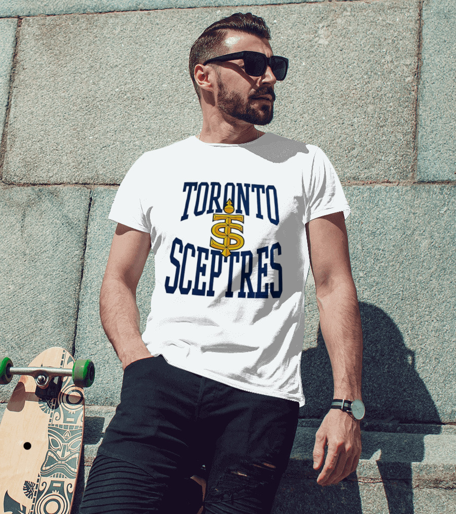 Toronto Sceptres Sports Team Logo Icon With Gold Emblem And Blue T-Shirt