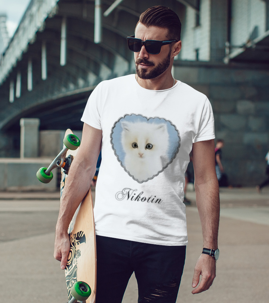 Nikotin Kitten Heart Cute White Cat In Blue Heart Frame T-Shirt