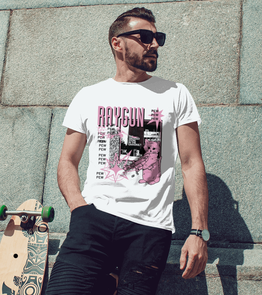 RAYGUN Cat Pew Pew Sci Fi Retro Feline Blaster Adventure T-Shirt