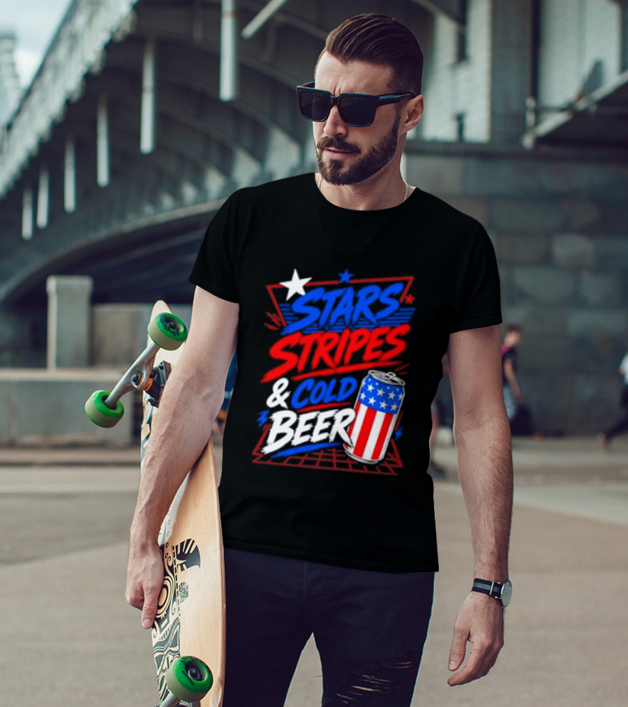 Stars Stripes And Cold Beer American Flag Can Patriotic Celebration T-Shirt