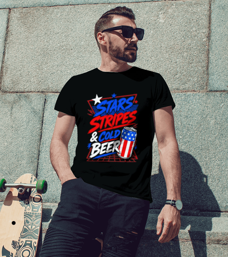 Stars Stripes And Cold Beer American Flag Can Patriotic Celebration T-Shirt
