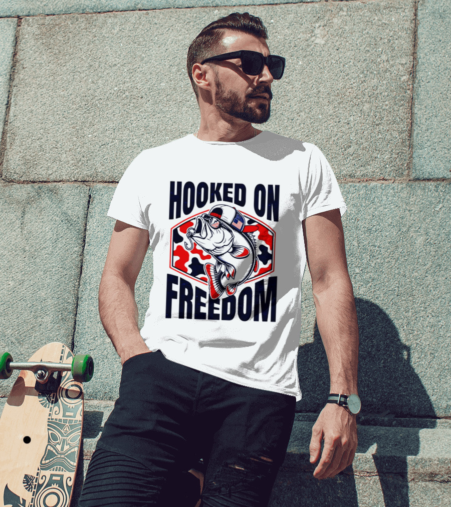 Hooked On Freedom Patriotic Fish Camo Hat T-Shirt