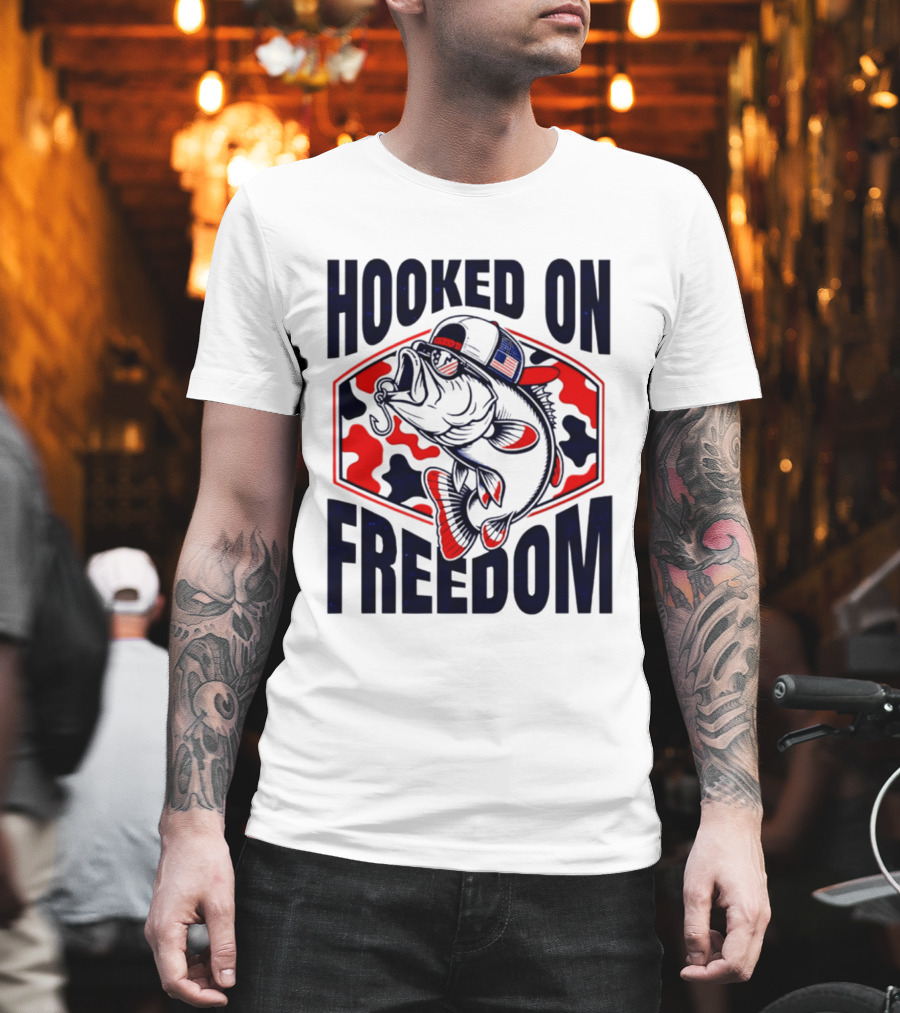 Hooked On Freedom Patriotic Fish Camo Hat T-Shirt