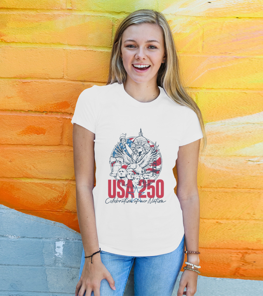USA 250 Celebration Of Our Nation Symbols Liberty Capitol Eagle Mount Rushmore T-Shirt