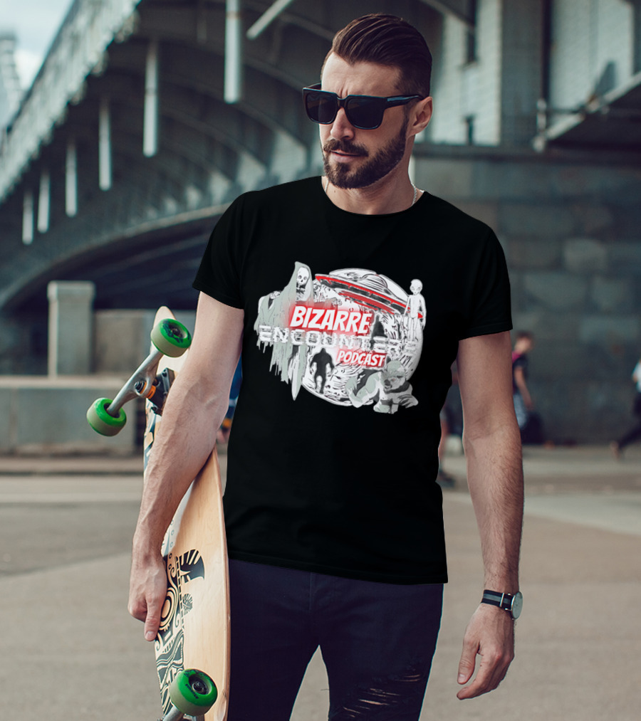 Bizarre Encounters Podcast UFO Aliens Skeletons Paranormal Illustrations T-Shirt