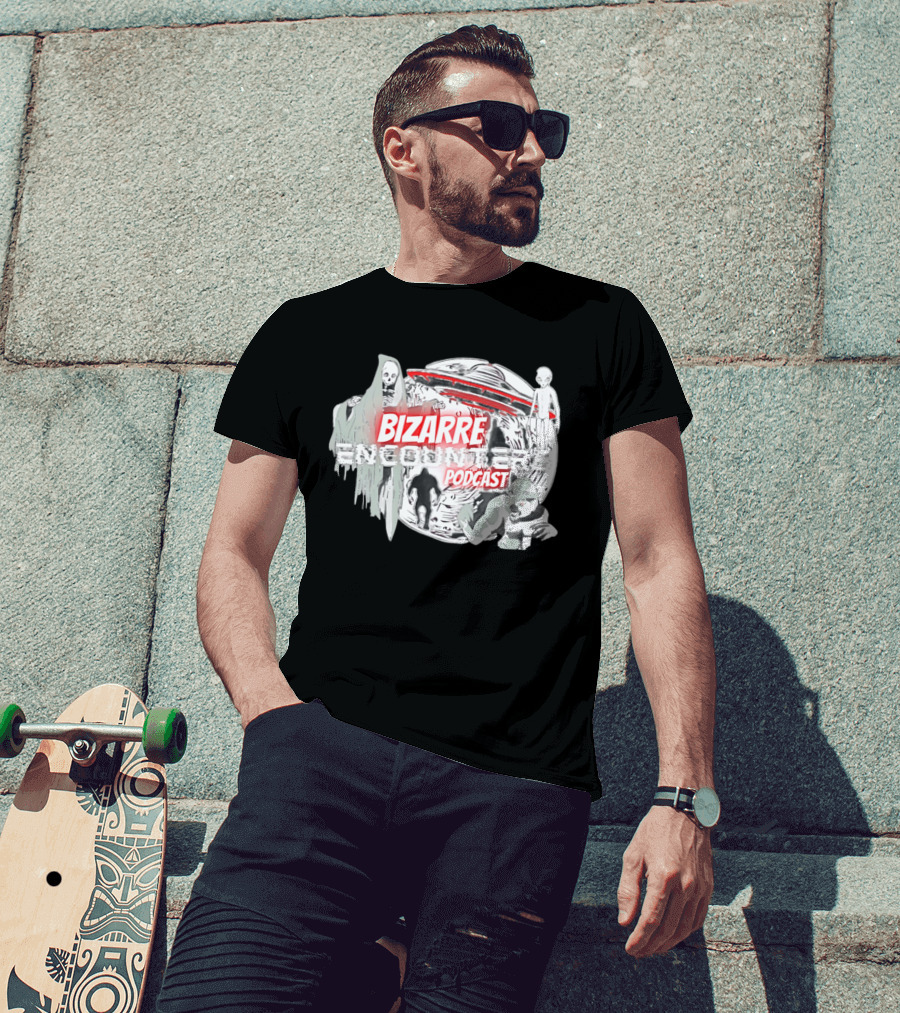 Bizarre Encounters Podcast UFO Aliens Skeletons Paranormal Illustrations T-Shirt